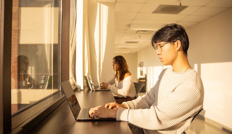 Two students work on their laptops in a well-lit room