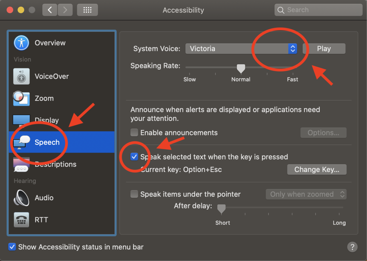 keyboard shortcut text to speech mac