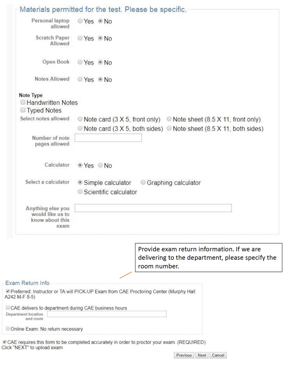 Screenshot of CAE Faculty Portal - Providing specific information