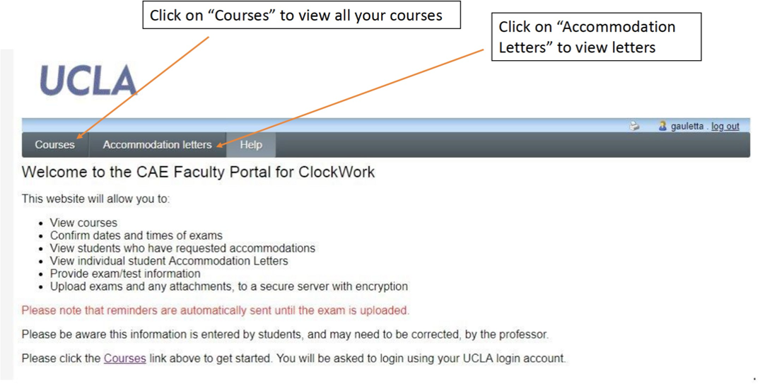 Screenshot of CAE Faculty Portal - how to access letters
