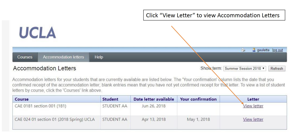 Screenshot of CAE Faculty Portal - accommodations