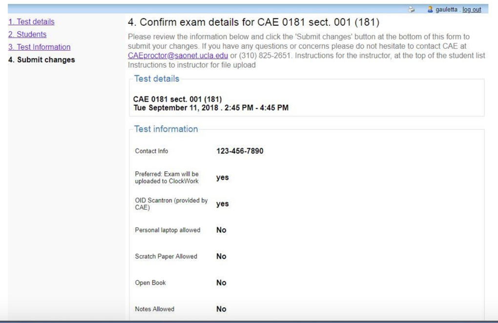 Screenshot of CAE Faculty Portal - Confirming exam details 