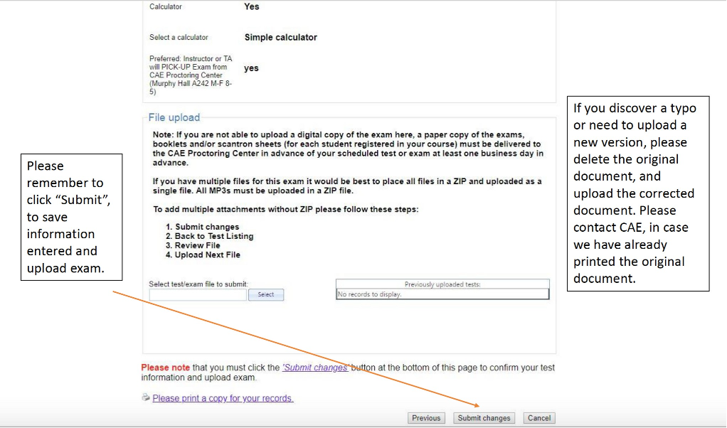 Screenshot of CAE Faculty Portal - Confirming exam details 