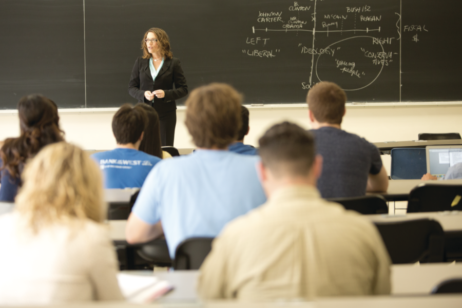 Lynn Vavreck, associate professor of political science, speaks to students in Dodd Hall.